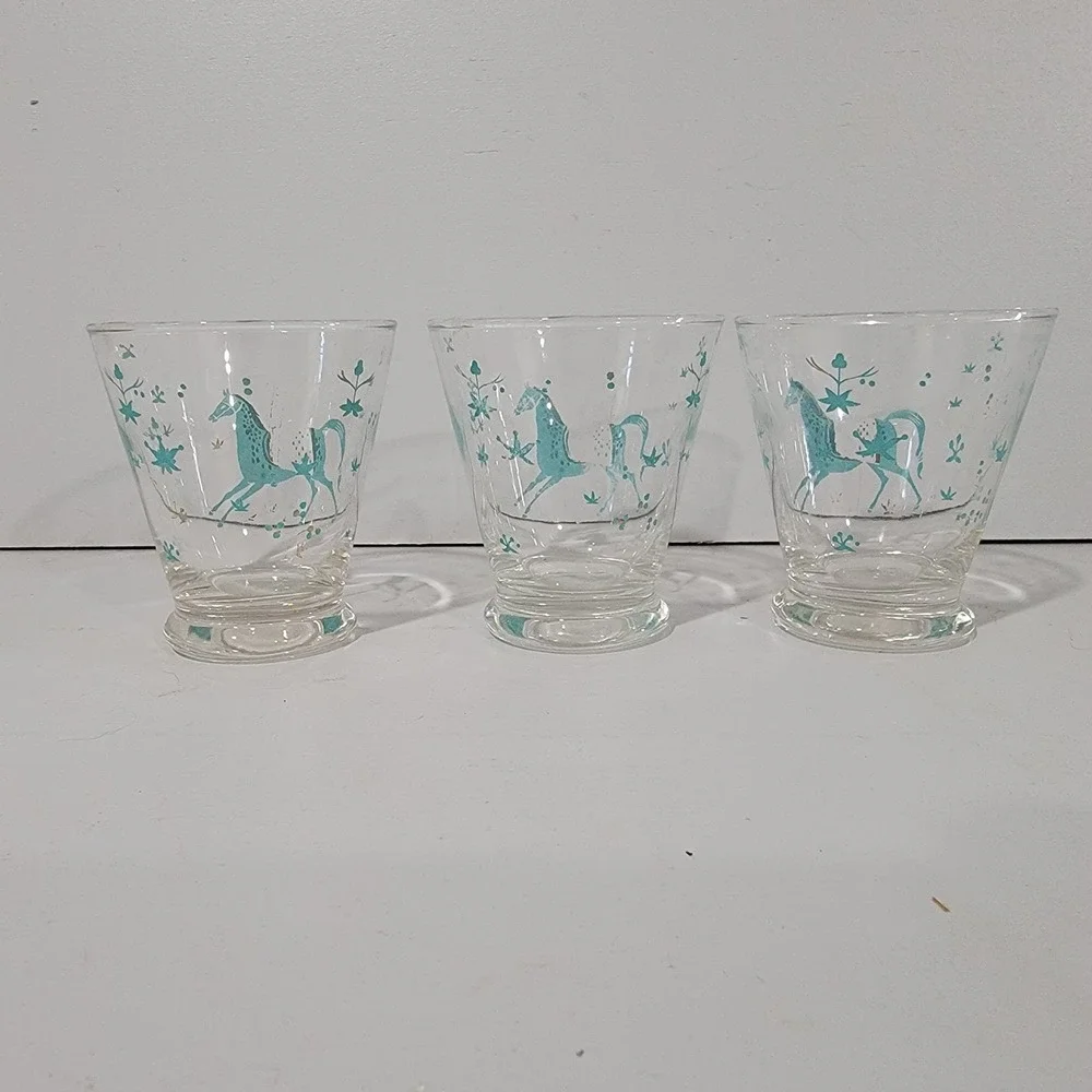 Vintage Mid Century Turquoise Gold Horse Juice Glasses Set of 3 MCM Barware 3in